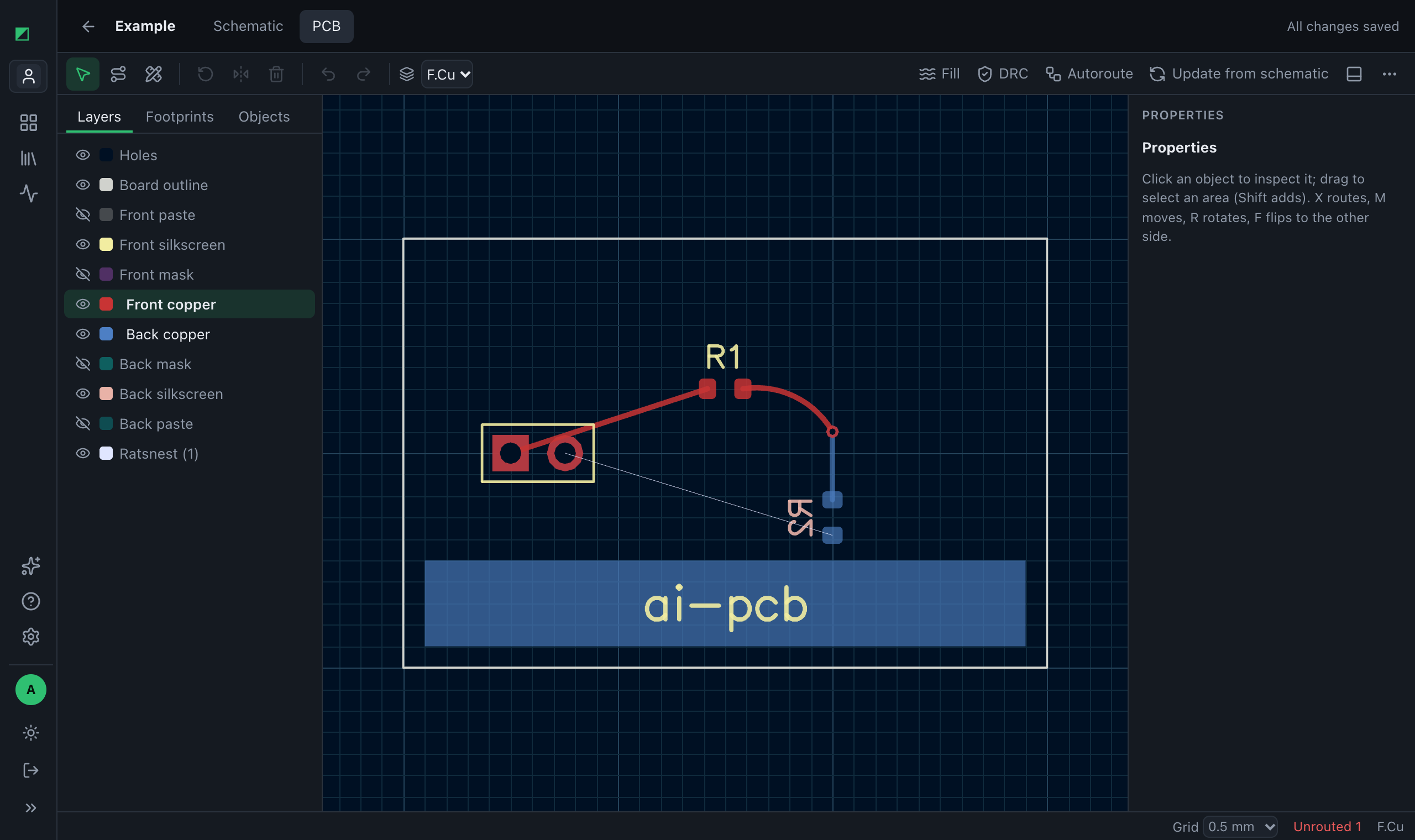 The board editor of pcbmate, with a board, its tracks and the layers panel